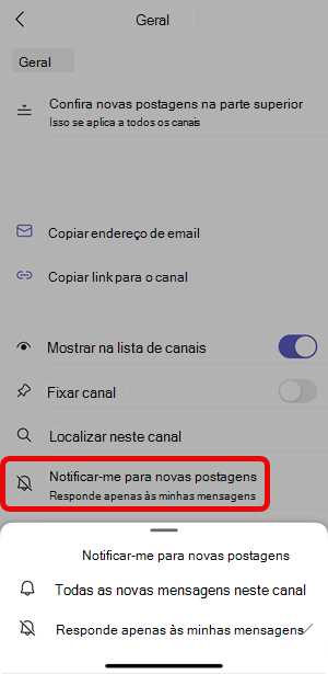 Notificações de canais iOs selecionadas