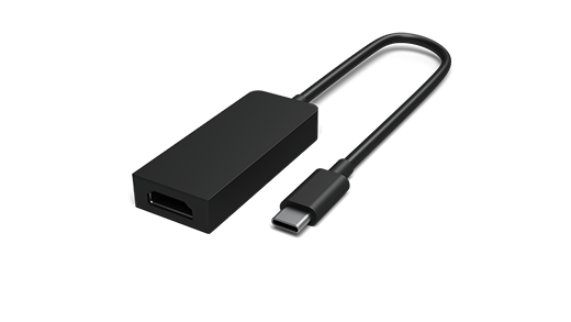 Imagem do adaptador HDMI USB-C com um cabo USB curvo junto ao mesmo.