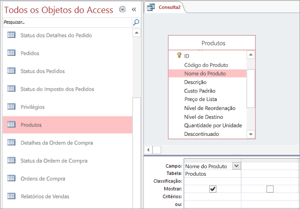 Captura de tela da visão de todos os objetos do Access