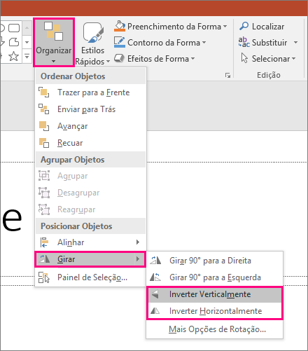 Mostra as opções Organizar > Girar > Inverter no PowerPoint.