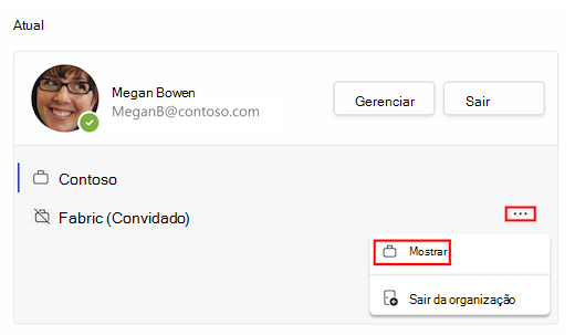 Uma caixa vermelha realça mais opções ao lado de uma organização convidada nas configurações da conta. Uma segunda caixa vermelha realça a opção mostrar.