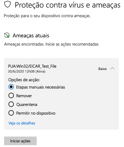 As ações que você pode realizar quando a Segurança do Windows detecta um aplicativo potencialmente indesejado