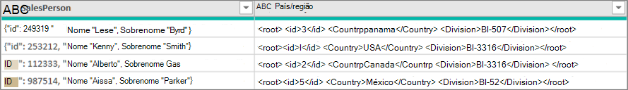 Exemplo de dados JSON e XML