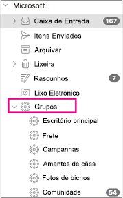 Grupos listados no painel de pastas do Outlook 2016 para Mac