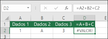 Exemplo de uma construção de fórmula ruim.  A fórmula na célula D2 é =A2+B2+C2