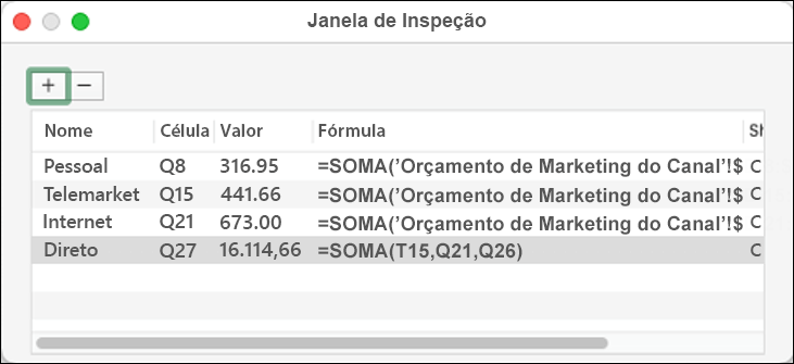 Janela de inspeção no Excel 2021 para Mac exibindo Nome, Célula, Valor e Fórmula