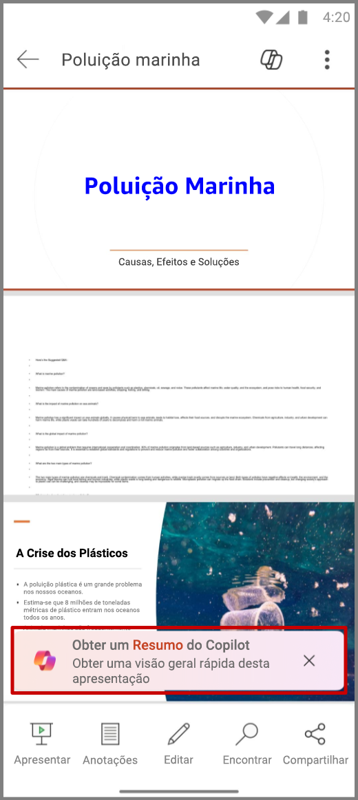 Captura de tela do Copilot no PowerPoint em um dispositivo Android com a solicitação Obter Resumo do Copilot