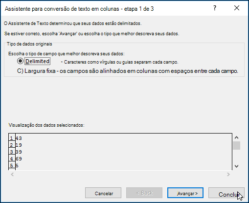 Imagem da caixa de diálogo Dados > Texto em Colunas