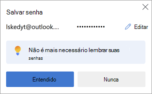 Um prompt no Microsoft Edge para salvar uma senha do site para uso posterior.