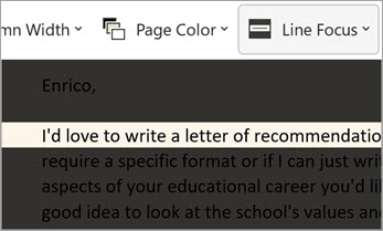 Captura de tela do foco da linha. a maioria dos emails fica esescurçada, deixando apenas uma linha de texto clara para leitura. 