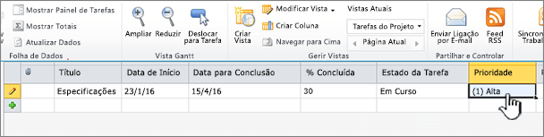 Preencha o campo com o título, as datas e o estado da sua tarefa de projeto.