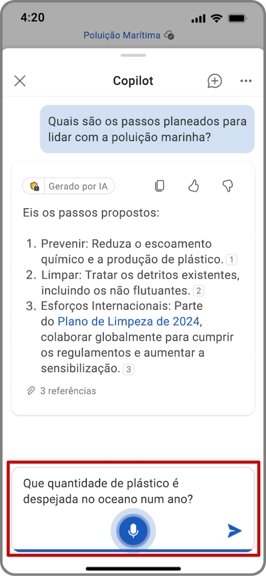 Captura de ecrã do Copilot no Word num dispositivo iOS com entrada de voz