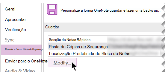 Captura de ecrã da caixa de diálogo Opções do OneNote para criar uma cópia de segurança de uma pasta