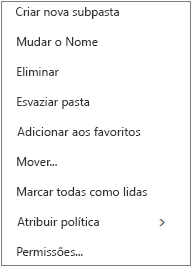 Menu de contexto ou de atalho que é apresentado quando clica com o botão direito do rato numa pasta pessoal