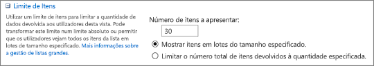 Configurar o número de itens a apresentar na página Definições de Vista