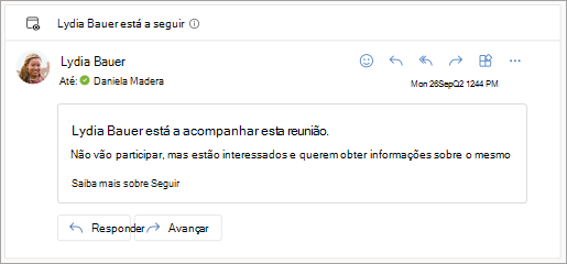 Captura de ecrã a mostrar a resposta por e-mail que o participante está a seguir à reunião