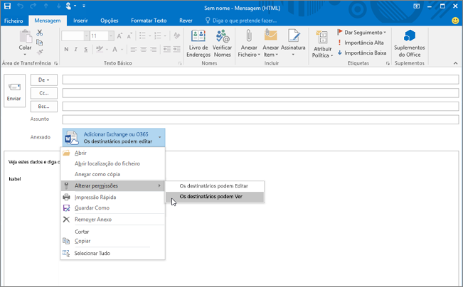 As opções em Alterar Permissão incluem Os destinatários podem editar e Os destinatários podem Ver