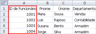 Tabela do Excel com dados sobre empregados