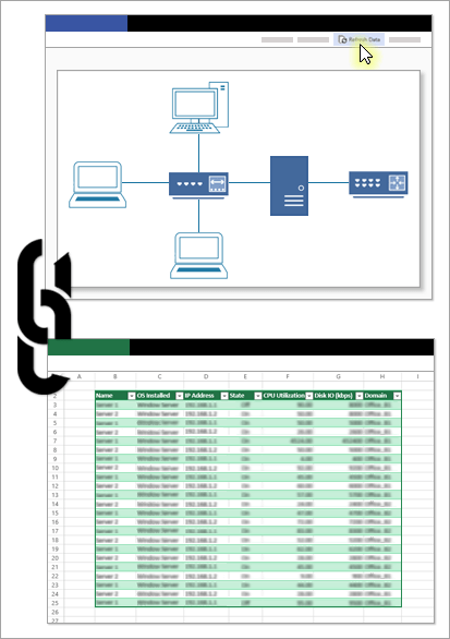 Imagem concetual a mostrar a ligação entre um ficheiro do Visio e a respetiva origem de dados.