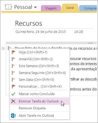 Captura de ecrã a mostrar como eliminar uma tarefa do Outlook no OneNote 2016.