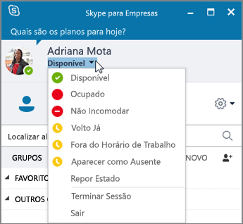 Captura de ecrã da janela Skype para Empresas com o menu Estado aberto.