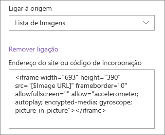 Exemplo de código de incorporação para uma imagem selecionada