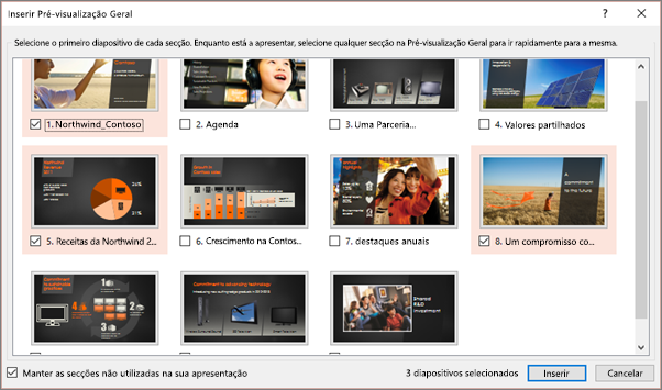 Mostra a caixa de diálogo Inserir Pré-visualização Geral no PowerPoint com as secções selecionadas.