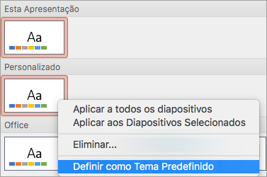 Mostra a opção Definir como Tema Predefinido para um tema personalizado