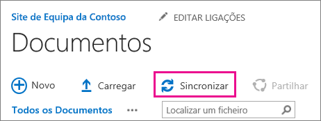 O comando Sincronizar numa biblioteca de documentos do SharePoint