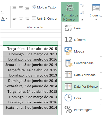 botão no friso para alterar para o formato de data por extenso