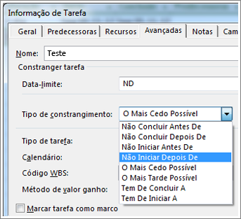 Caixa de diálogo Informação de Tarefa, menu Tipo de constrangimento
