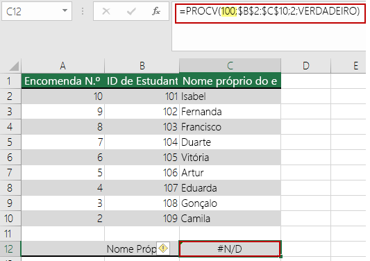 Erro N/D na função PROCV quando o valor de pesquisa é inferior ao valor mais pequeno na matriz