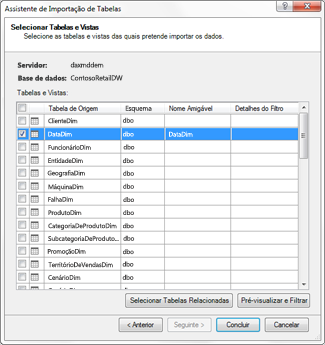 Caixa de diálogo do Assistente de Importação de Tabelas