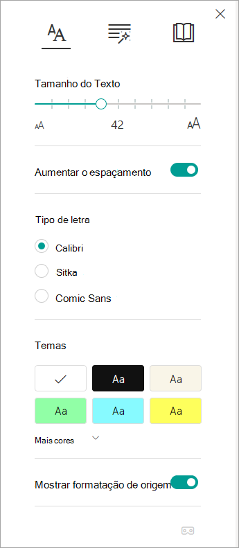 Opções de texto na Leitura Avançada.