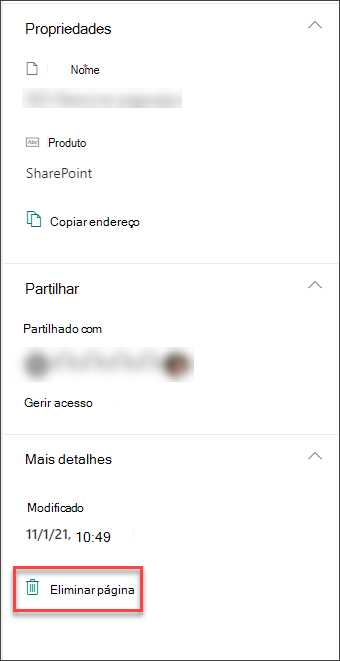 Captura de ecrã da opção Eliminar página no painel de detalhes da página
