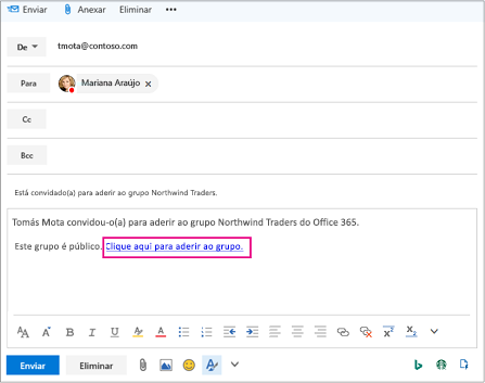 Email com uma ligação que convida o utilizador a aderir ao grupo