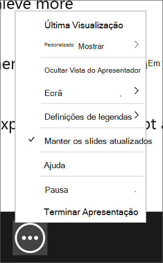 O menu Mais opções da apresentação de diapositivos na vista do Apresentador.