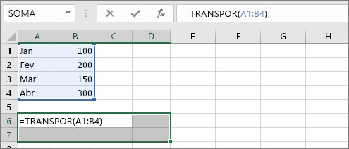 =TRANSPOR(A1:B4)