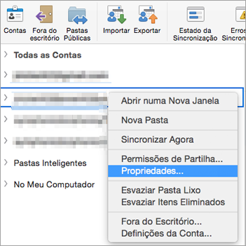 Mostra o menu de contexto selecionado de uma pasta do Exchange com Propriedades