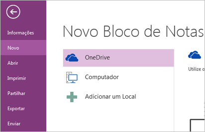 O processo Novo Bloco de Notas no OneNote