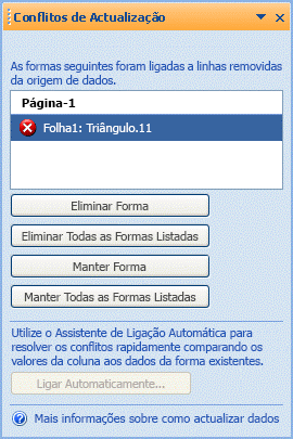 Janela Atualizar conflitos a indicar as formas que já não têm uma linha correspondente na origem de dados.