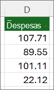 Imagem da folha de cálculo com os valores alinhados à esquerda e aviso de triângulo verde removido