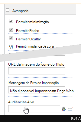 Secção avançada de propriedades de peças Web com a audiência de destino realçada