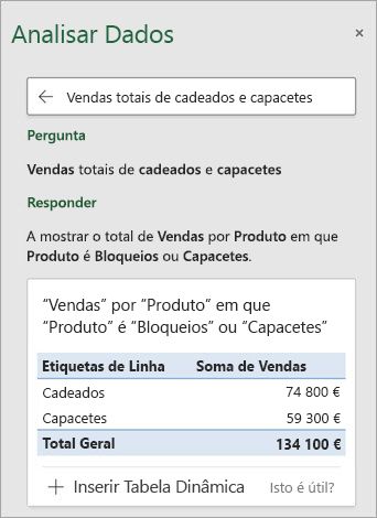 A Análise de dados no Excel a responder a uma pergunta sobre quantos Cadeados ou Capacetes foram vendidos.