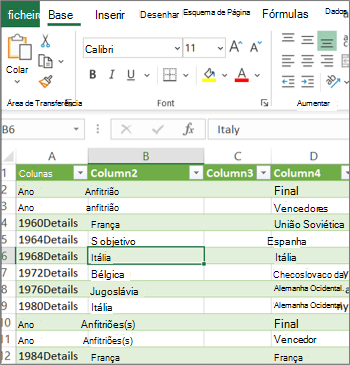 Uma folha de cálculo típica do Excel