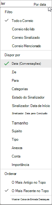 Captura de ecrã da lista pendente Ordenar mensagens