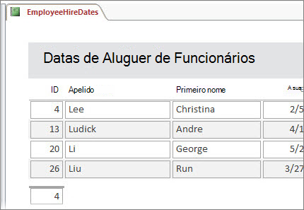 Um relatório de funcionários filtrado com apenas os funcionários cujo apelido começa pela letra "L".