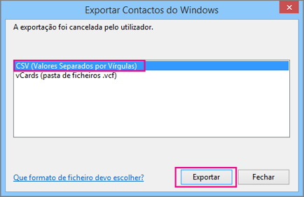 Selecione CSV e, em seguida, selecione Exportar.