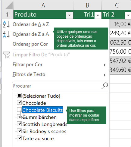 Ordene ou aplique um filtro à tabela