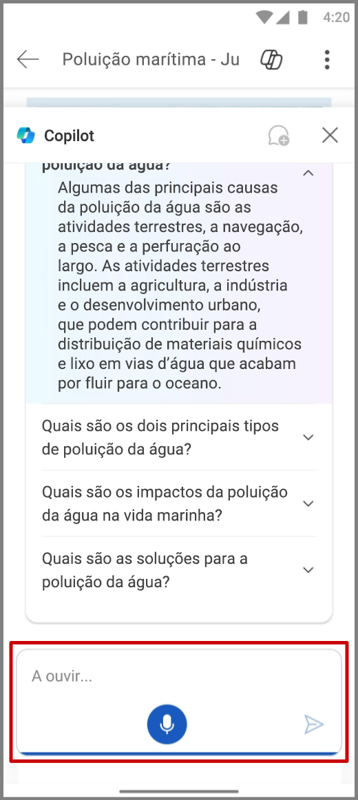 Captura de ecrã do Copilot no Word no dispositivo Android com a entrada de voz na caixa de composição